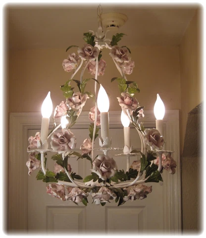 Vintage Italian Tole Chandelier  30 Porcelain Pink Roses and Leaves 5 Arms Cover