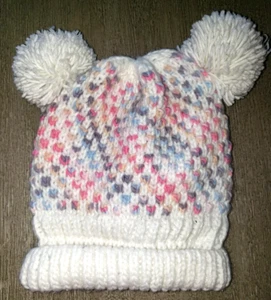 BABY GAP girls bulky KNIT WINTER HAT DOUBLE POMPOMS white pink blue FLEECE LINED - Picture 1 of 1