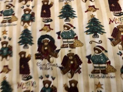 MUMMS THE WORD  Debbie Mumm Christmas Teddy Bears on Beige Stripe 43"x 18 " HTF - Image 1 of 4