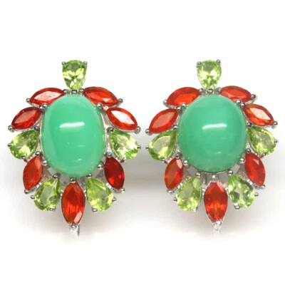 Piedra preciosa 10 x 13 mm. Pendientes de plata 925 crisoprasa verde, peridoto y ópalo de fuego Foto 1 de 4