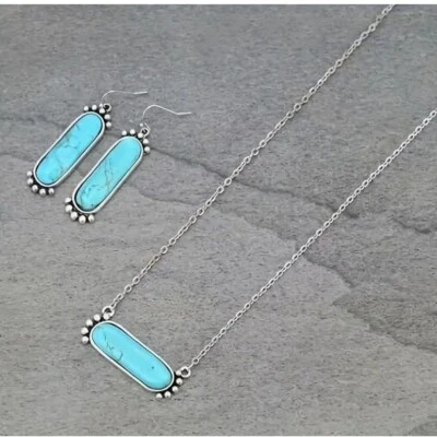 Imitation Turquoise Necklace & Earring Set With Silver Chain Southwest Style - Image 1 of 2