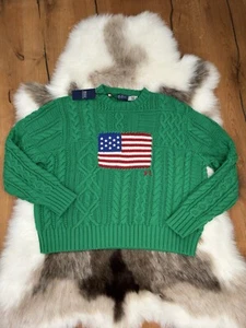 Polo Ralph Lauren Flag Jumper Green Aran Knit American USA Sweater Womens Sz XL - Picture 1 of 23
