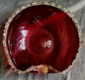 Vintage Venetian Murano Ruby Swirl Bowl. Ruffle edge/Gold Inclusions. - Picture 1 of 10