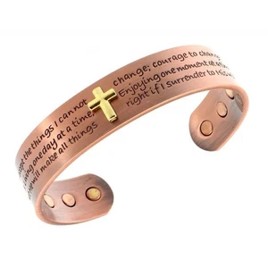 Pure Copper Magnetic Bracelet Arthritis Pain Therapy Energy Cuff Cross Prayers - Picture 1 of 2