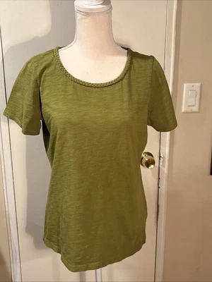 Pendelton Mujer Verde Manga Corta Algodón Camiseta Cuello Trenzado Mediana Foto 1 de 4