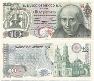MEXICO 10-16-1974 Crispy DIEZ or "10 PESOS" Note HIDALGO 1969-77 Only SERIES 1CQ - Picture 1 of 3
