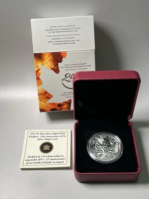 Moneda Piedfort 2013 25 Aniversario de la Hoja de Arce Plata Alto Relieve 1 OZ Foto 1 de 4