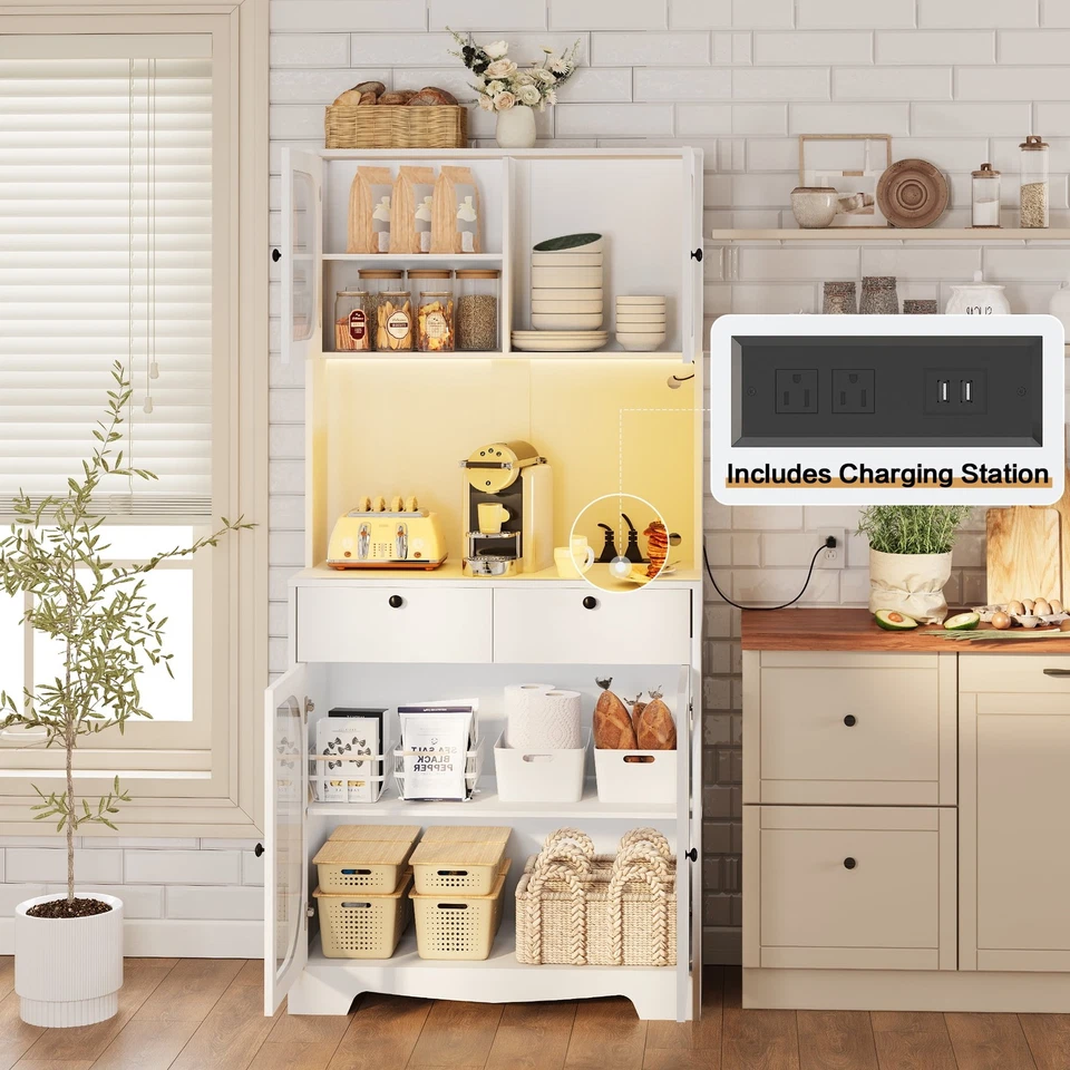 71" Kitchen Pantry Storage Cabinet with Glass Doors LED Light and Power Outlet - Image 1 of 4