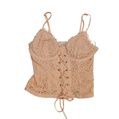 Lily Blanco Medio Crochet Corsé Camiseta sin Mangas Melocotón Rosa Coqueta Twee Encaje Frontal Foto 1 de 4