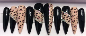 Custom Press on nails 💅 10p XLong Stiletto Black Cheetah With Bling - Picture 1 of 5