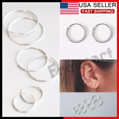 Elegantes Pendientes de Aro de Plata de Ley 925 para Mujer Hombre Joyería 8 10 12 14 16MM Foto 1 de 4