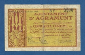 AJUNTAMENT D'AGRAMUNT -- 50 CENTIMOS ( 1937 ) -- BC -- 2ª EMISION -- SIN SERIE . - Picture 1 of 2