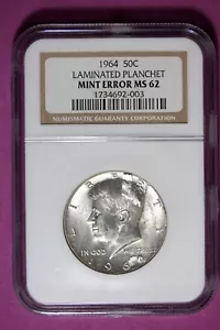 1964 NGC MS62 Laminated Plachet Mint Error Kennedy Half Dollar #B48593 - Picture 1 of 2