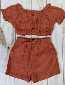 New Shein Girls Orange Top & Short Set Sz 100 3-4 Yrs Short Sleeves Beach A6408 - Picture 1 of 11