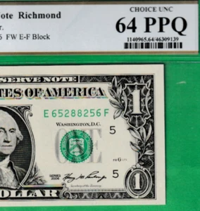 2006 $1 Federal Reserve note RADAR S/N 6538-8356 Richmond Fr. 1933-E PCGS 64 - Picture 1 of 3