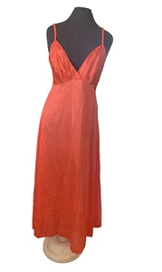 Vtg Orange Long Sweep Braided Strap Deep V Nylon Nightgown Henson Kickernick -36 - Picture 1 of 12