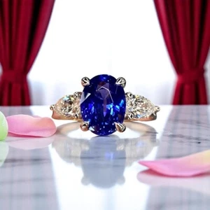 18k White Gold Lab Grown Oval Cut Blue Sapphire Diamond Ring Wedding 4.80 Ct - Picture 1 of 11