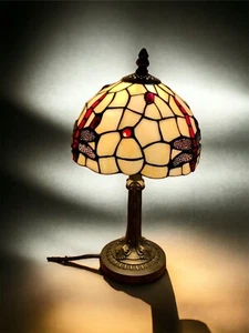 Table Bedside Lamp Tiffany Lamp with Red Dragonfly Shade Electric Tiffany Lamp - Picture 1 of 10