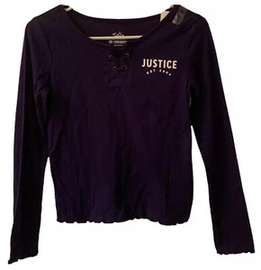 Justice Girls Top Blue 12 Pullover Long Sleeves Lace Up Lettuce Hem Glitter Logo - Picture 1 of 11