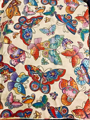 HTF Clothworks Laurel Burch Flying Colors II  Bright Butterflies on Ivory BTFQ - Image 1 of 4