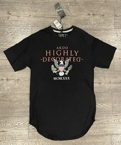 New Mens AKOO Curved Hem Highly Decorated Graphic T Shirt Black Size: M - Picture 1 of 7