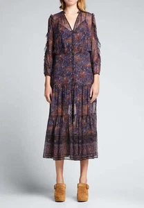 VERONICA BEARD Sabina blau & braun Paisley Seide Langarm Midikleid Größe 6 - Bild 1 von 22