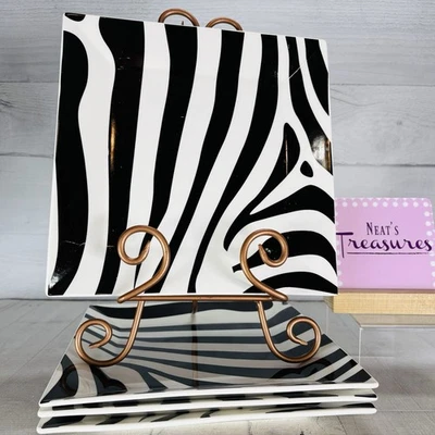 Steve & Won ZEBRA Black White Geometric Modern Square Porcelain Plates Set of 4 - Image 1 of 4