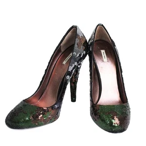 MIUMIU Authentic Sequin Pumps Camouflage Multicolor size 38 US8 25cm Heel 12cm - Picture 1 of 9