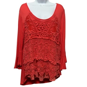 Live and Let Live Womens Crochet Tunic XL Coral Boho Cottage Lace Chiffon Indie - Picture 1 of 9