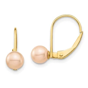 14k Yellow Gold 5-6mm Pink Cultured Pearl Leverback Drop & Dangle Earrings - Picture 1 of 5