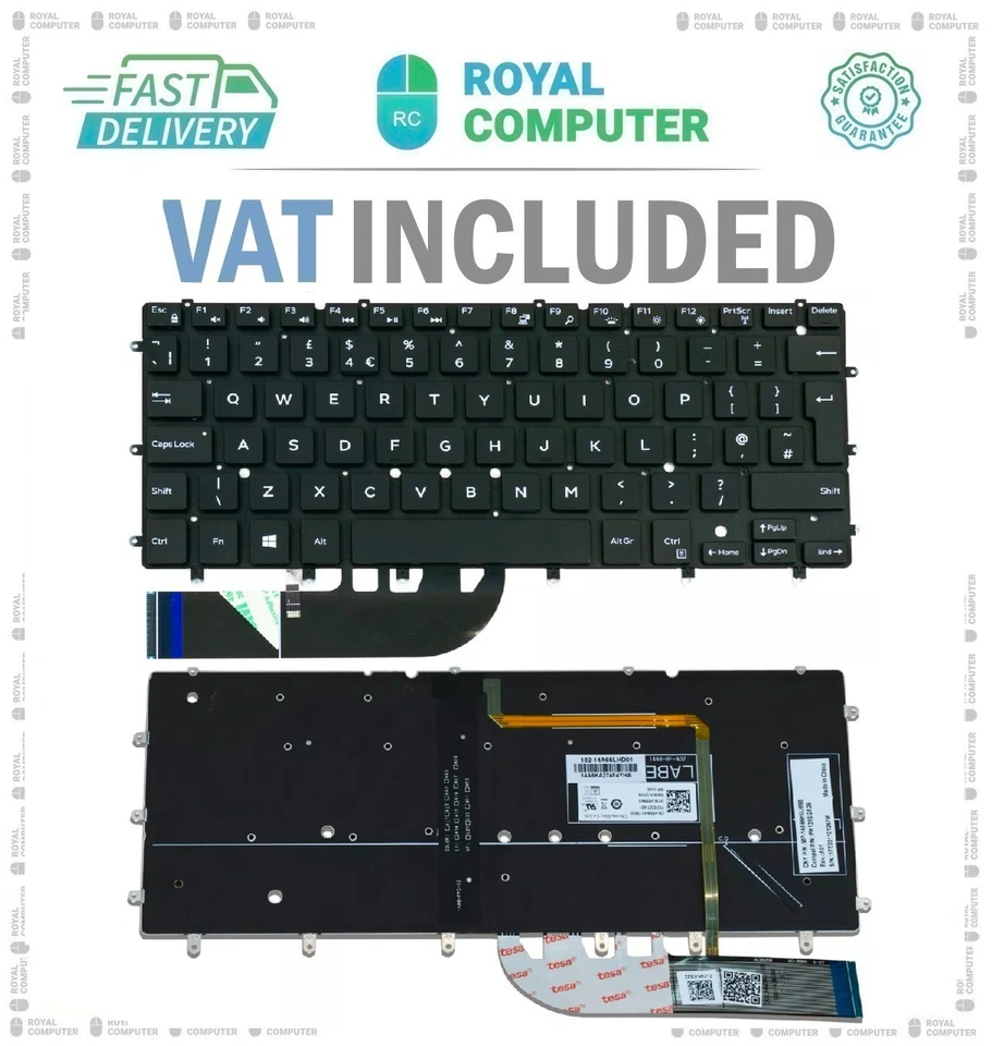 Dell XPS 13 9350 9360 9343  UK Black Backlit Keyboard 08FC81 8FC81 7DTJ4 07DTJ4  - Image 1 of 1