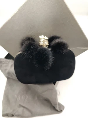 Alexander McQueen Suede and Leather Fur Pom Poms Skull Clutch In Black  - Image 1 of 4