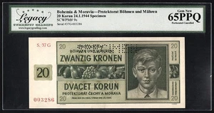 Bohemia & Moravia 1944, ESPECIMEN, 20 corones, 24.1.1944, Pick-9s, Legacy 65 UNC - Imagen 1 de 4