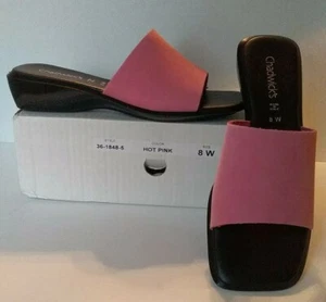 NEW CHADWICKS LEATHER SLIP ON SANDAL, SHOE HOT PINK ON BLACK SZ 8 W, ITALY - Picture 1 of 7