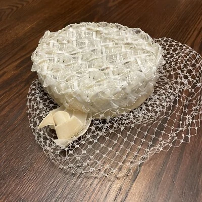 Fascinators White Hat Women Tea Party Headband Wedding Cocktail Mesh Veil - Image 1 of 4