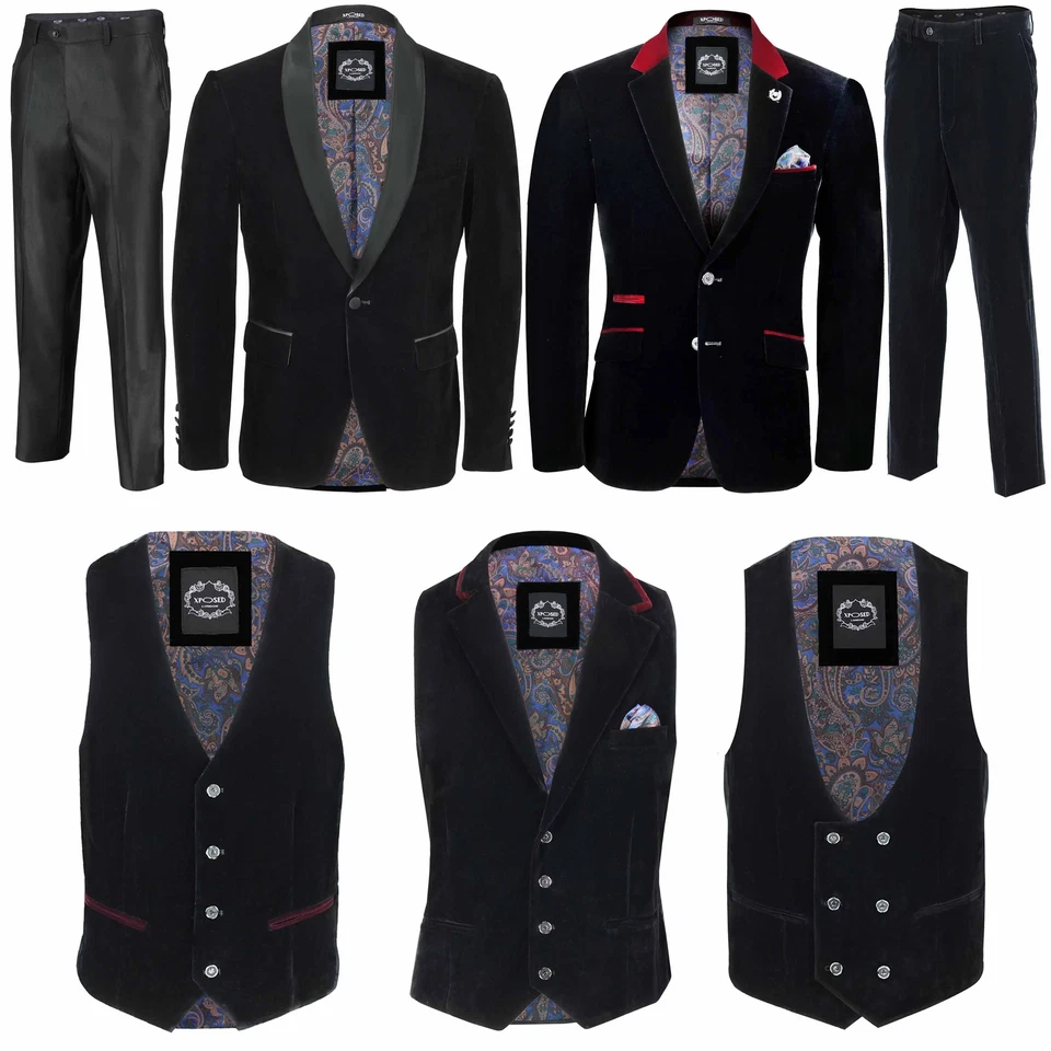 Mens Black Velvet Vintage 3 Piece Suit Tuxedo Blazer Coat Waistcoat Trouser - Изображение 1 из 1