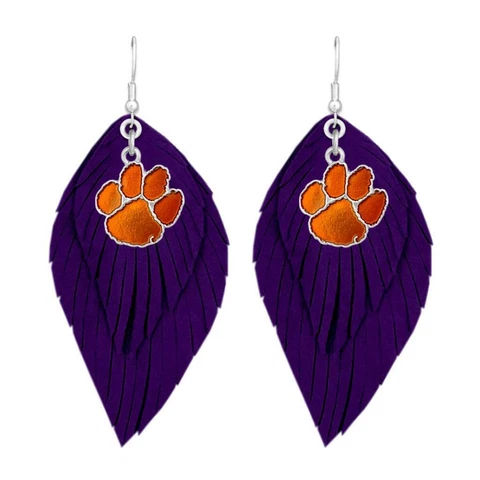 Clemson Tigers Orange Purple Boho Leather Feather Wire Earrings Jewelry Gift CU Cover