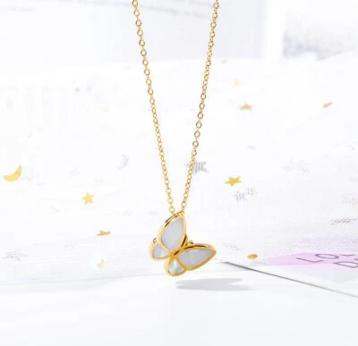 Damen Halskette Schmetterling Edelstahl Perlmutt Gold-Farbe - Bild 1 von 4