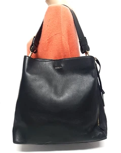 FURLA LARGE BLACK LEATHER CARRYALL HOBO HANDBAG - Picture 1 of 16