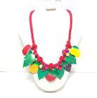 Tropical Fruit Coconut Wood Beaded 22" Necklace, VGUC! Red Green Eclectic Boho