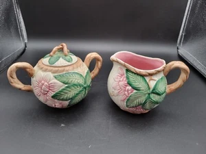 Vintage Fitz And Floyd Creamer And Sugar Bowl Majolica 1989 Hand Painted Flower - Picture 1 of 7