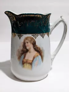 Antiker viktorianischer Porzellan Portrait Krug Transferware - grüne & goldene Akzente - Bild 1 von 14