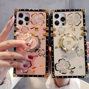 For iPhone 15 14 13 12 11 XS 7 8 Bling Glitter Lucky Flower Square Case + Ring - Picture 1 of 22