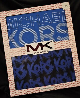 Michael Kors Juego de Dormir 2 Piezas L Azul Algodón Crew Logo Camiseta, Mezcla de Algodón Pantalones PJs Foto 1 de 4
