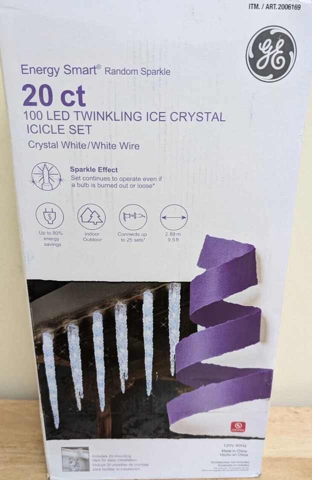 GE 100 LED Twinkling Ice Crystal Icicle Set White 9.5 ft Energy Smart