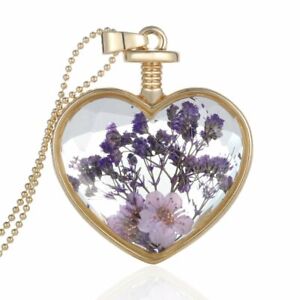 Natural Real Dried Flower Resin Glass Locket Heart Pendant Necklace Jewelry New