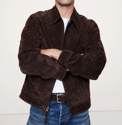 Men Dark Brown Pure Suede Leather Jacket Slim Fit Trucker Jacket Custom Size L - Image 1 of 4