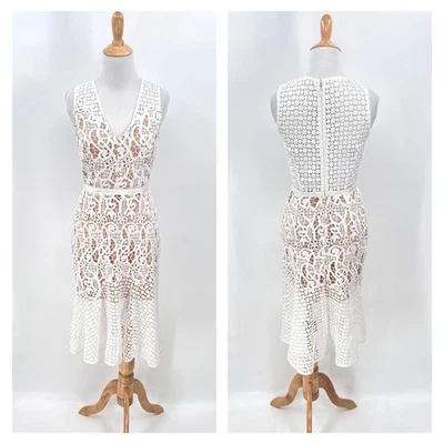 BARNEYS NEW YORK Crochet Lace Dress Womens XS White V-neck Sleeveless Tulip Midi - Image 1 of 4