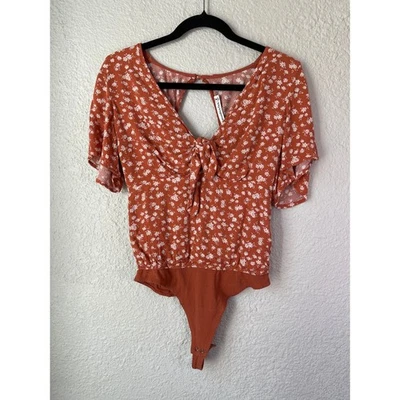 Abercrombie & Fitch Floral Bodysuit Rust Orange Tie Front Open Back Medium - Image 1 of 4