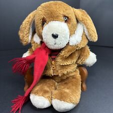 Vtg Avon Brown Puppy Dog Red Scarf Hooded Zipper Jacket Stripe 1982 Plush 12"